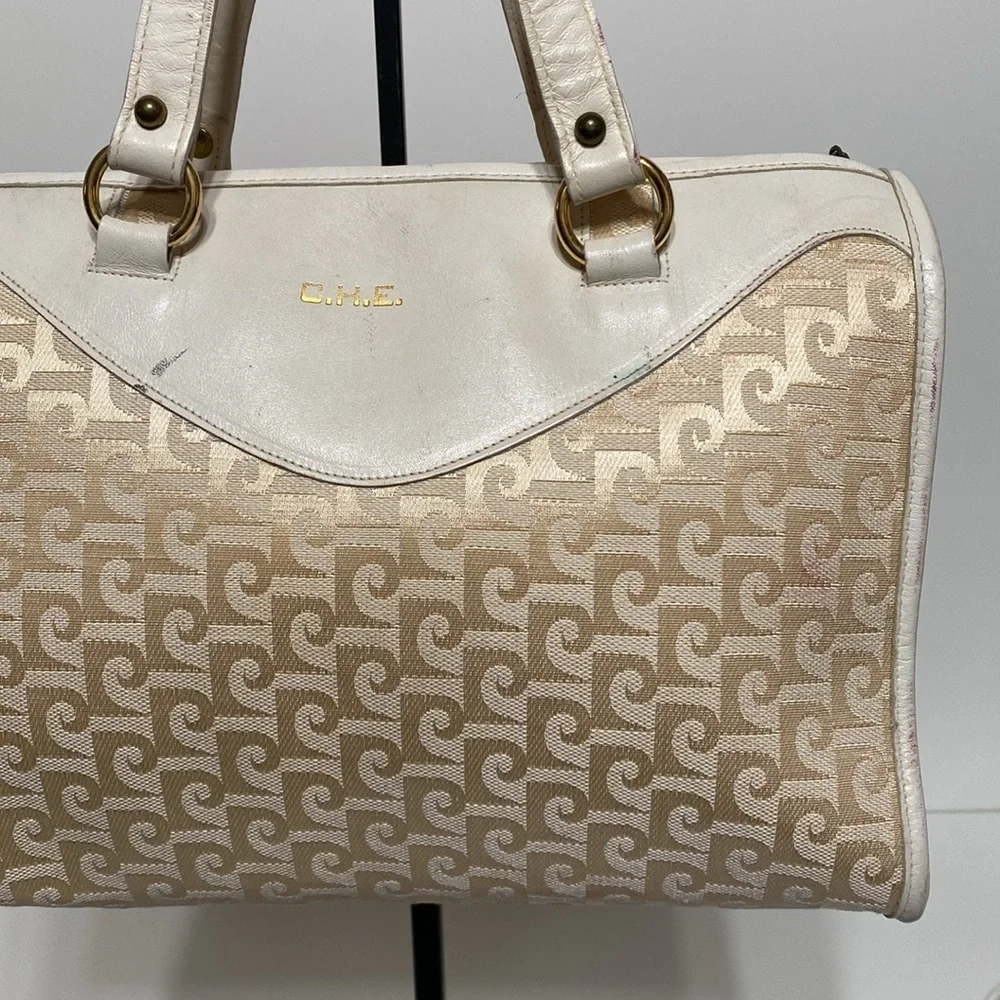Vintage Pierre Cardin 1970’s Monogram Canvas and Leather Satchel Purse in Ivory